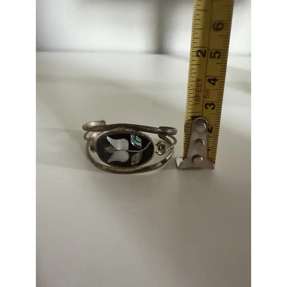 Vintage Mexico Alpaca Sterling Silver Abalone Inlay Flower Cuff Bracelet 7.9g